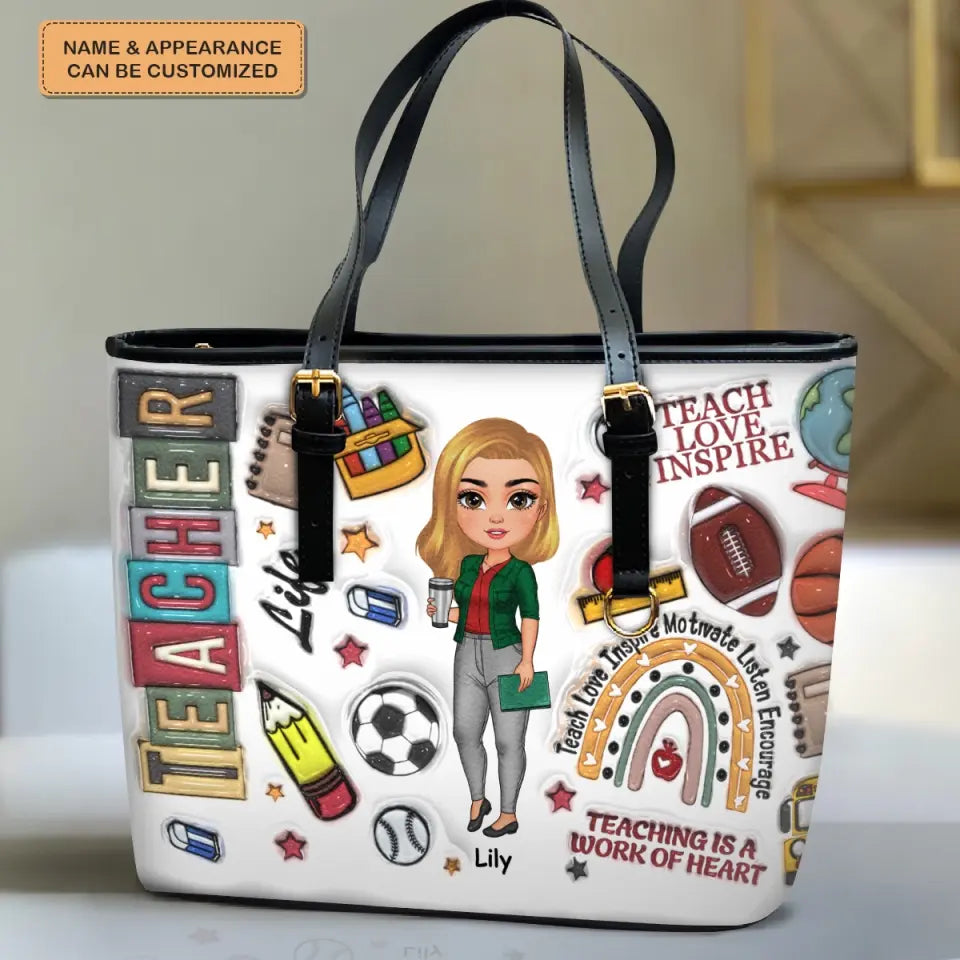 Teach Love Inspire Teacher New Version - Personalized Custom Leather Bucket Bag - Teacher's Day, Appreciation Gift For Teacher