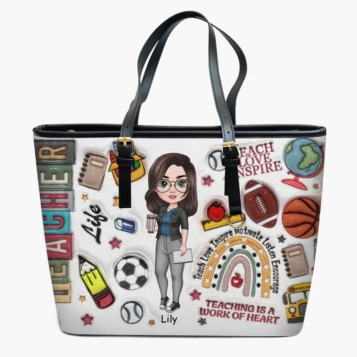 Teach Love Inspire Teacher New Version - Personalized Custom Leather Bucket Bag - Teacher's Day, Appreciation Gift For Teacher