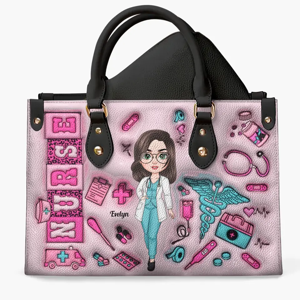 Love Nurse Life Pink - Personalized Custom Leather Bag - Nurse's Day, Appreciation Gift For Nurse