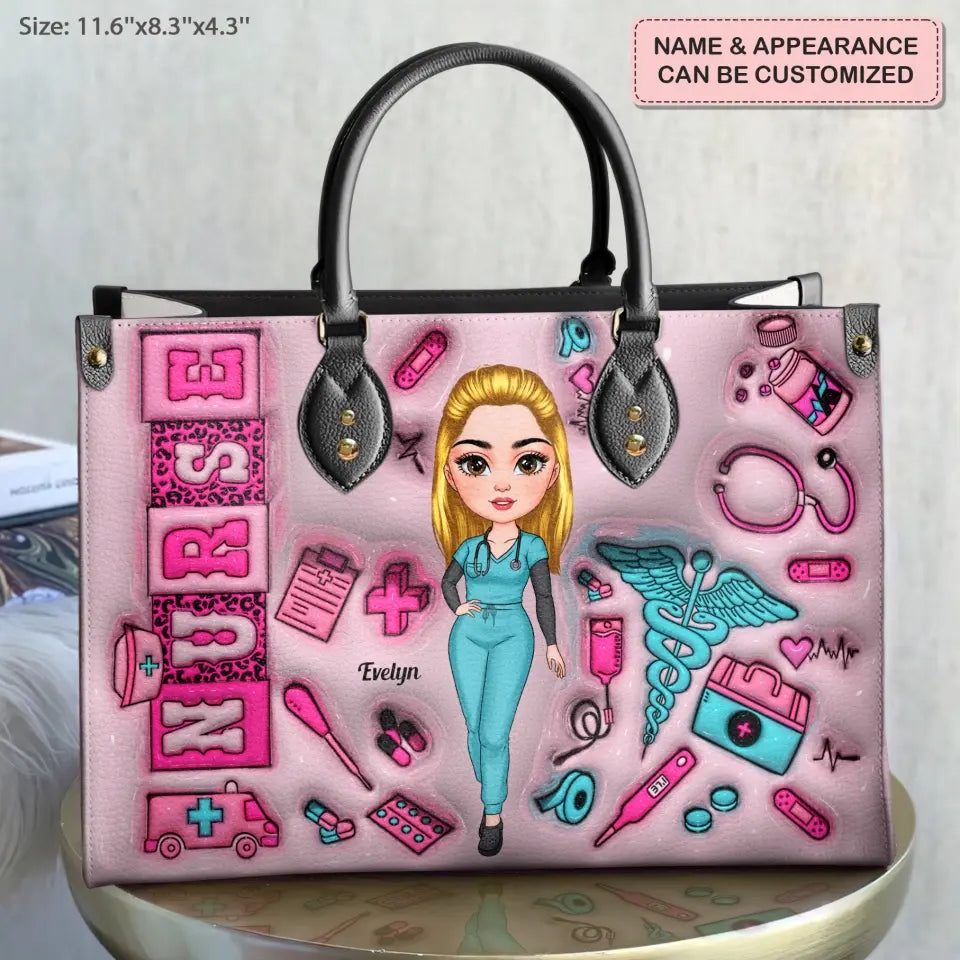 Love Nurse Life Pink - Personalized Custom Leather Bag - Nurse's Day, Appreciation Gift For Nurse