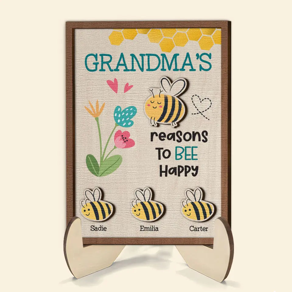 Reasons To Bee Happy - Personalized Custom 2-Layer Wooden Plaque - Easter Gift For Family Members, Grandma, Mom