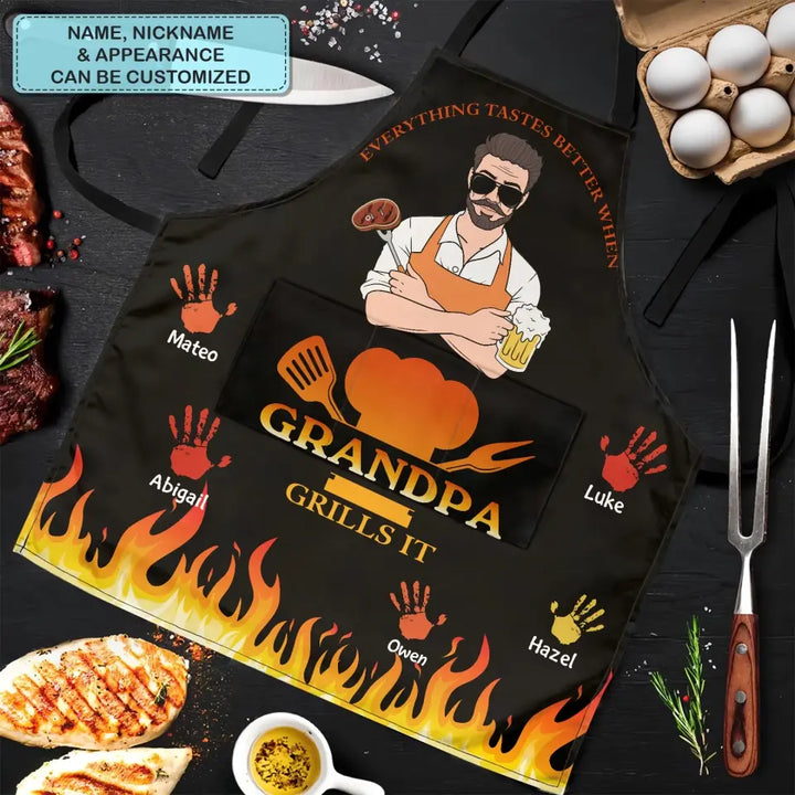 Everything Tastes Better When Grandpa Grills It- Personalized Custom Apron - Father's Day Gift For Dad, Grandpa