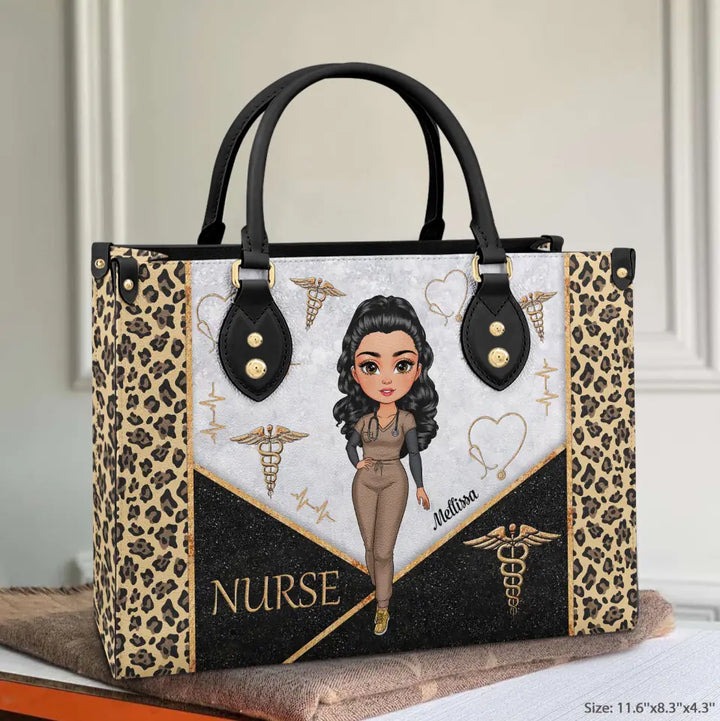 Leopard Glitter Nurse Bag - Personalized Custom Leather Bag - Nurse's Day, Appreciation Gift For Nurse