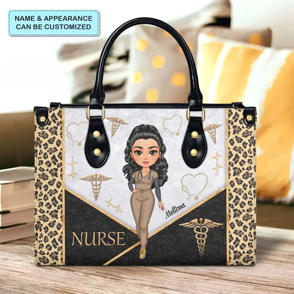 Leopard Glitter Nurse Bag - Personalized Custom Leather Bag - Nurse's Day, Appreciation Gift For Nurse