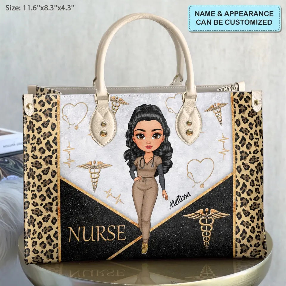 Leopard Glitter Nurse Bag - Personalized Custom Leather Bag - Nurse's Day, Appreciation Gift For Nurse