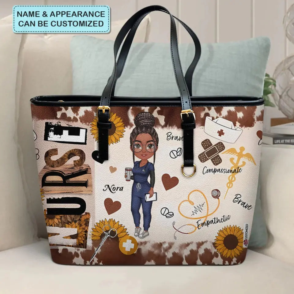 Brown Leopard Nurse - Personalized Custom Leather Bucket Bag - Nurse's Day, Appreciation Gift For Nurse