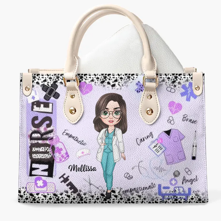 Purple Leopard Nurse - Personalized Custom Leather Bag - Nurse's Day, Appreciation Gift For Nurse