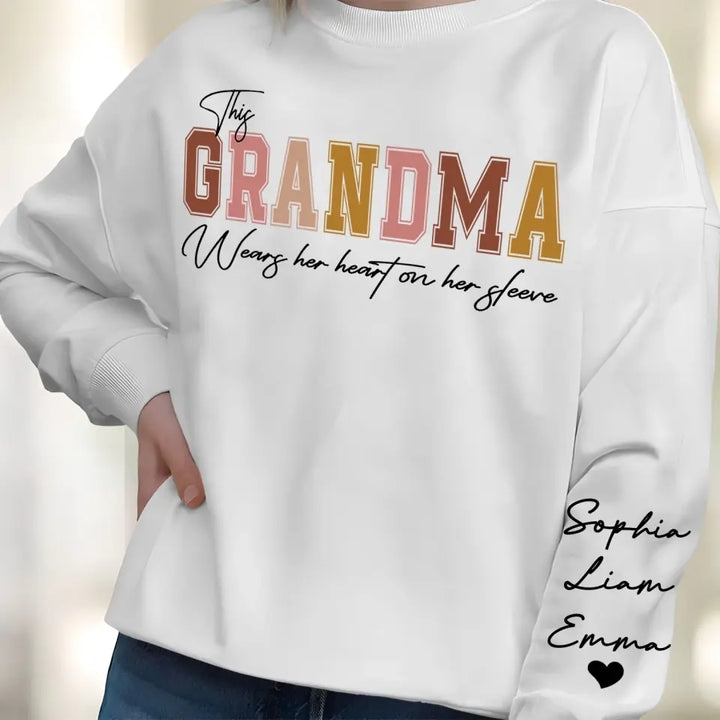 This Mama Wears Her Heart On Her Sleeve - Personalized Custom Sweatshirt - Mother's Day Gift For Grandma, Mom, Family Members