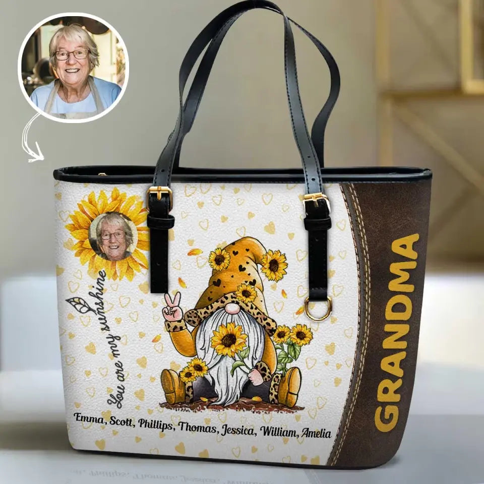 You Are My Sunshine - Personalized Leather Bucket Bag - Gift For Grandma, Mom