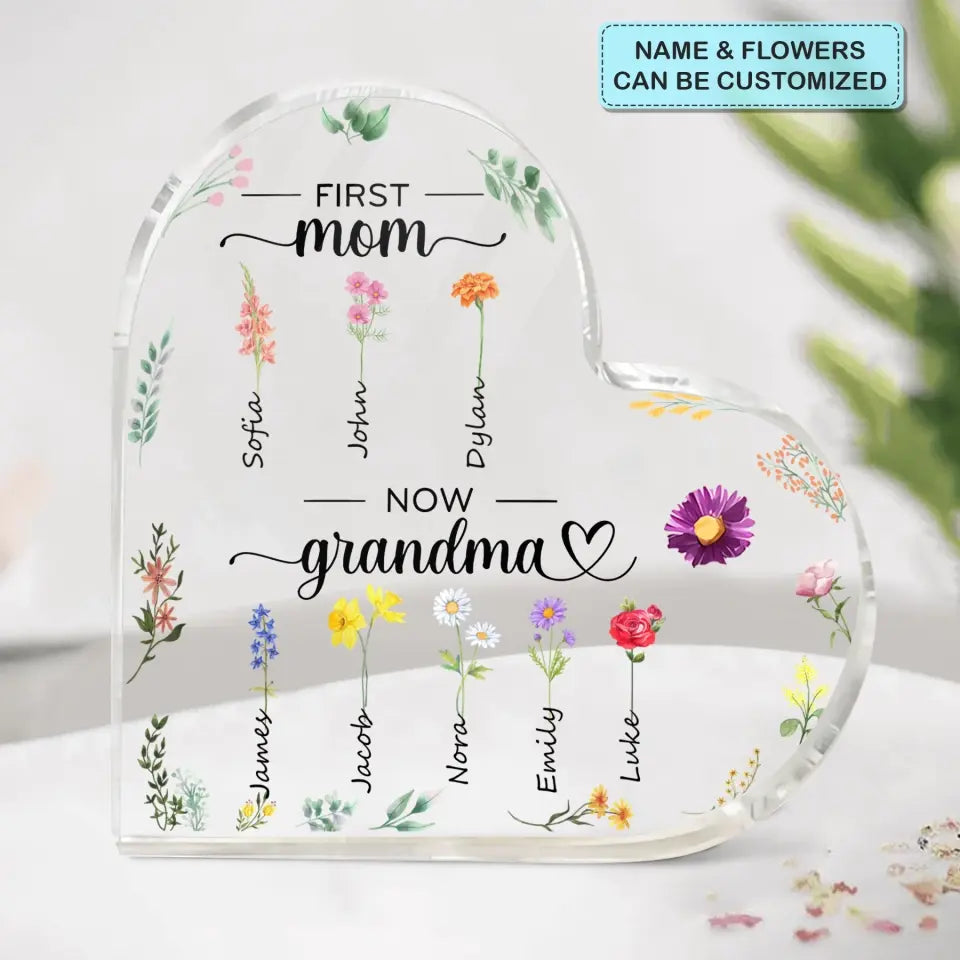 First Mom Now Grandma - Personalized Custom Heart-shaped Acrylic Plaque - Mother's Day Gift For Grandma, Mom