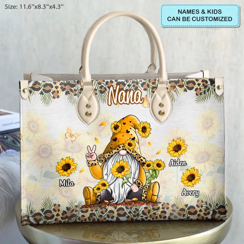 Grandma Gnome Sunflower Leopard - Personalized Custom Leather Bag - Mother's Day Gift For Grandma, Mom, Family Members