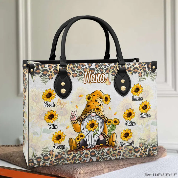 Grandma Gnome Sunflower Leopard - Personalized Custom Leather Bag - Mother's Day Gift For Grandma, Mom, Family Members