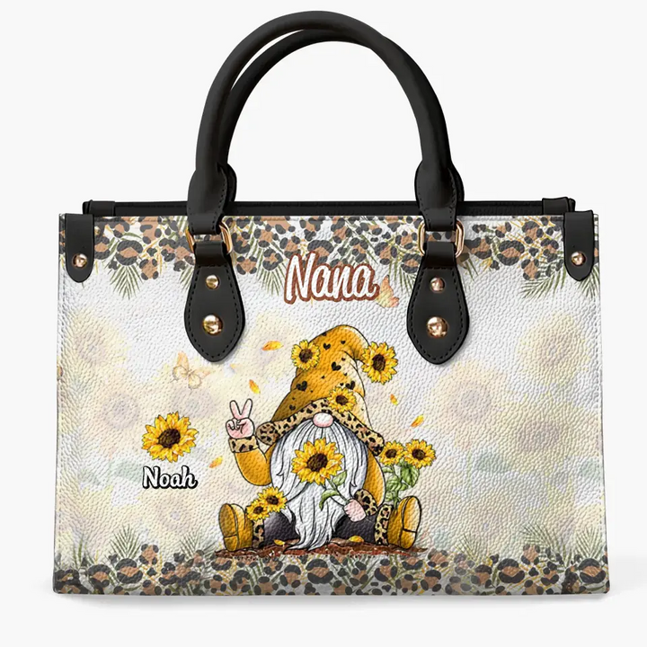 Grandma Gnome Sunflower Leopard - Personalized Custom Leather Bag - Mother's Day Gift For Grandma, Mom, Family Members