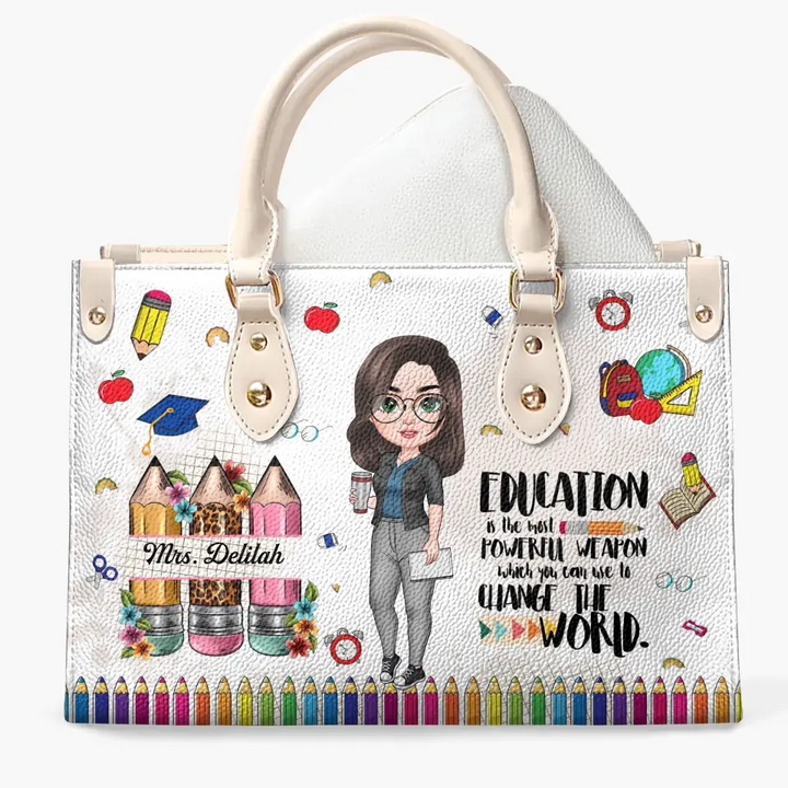 Teach Love Inspired - Personalized Custom Leather Bag - Teacher's Day, Appreciation Gift For Teacher