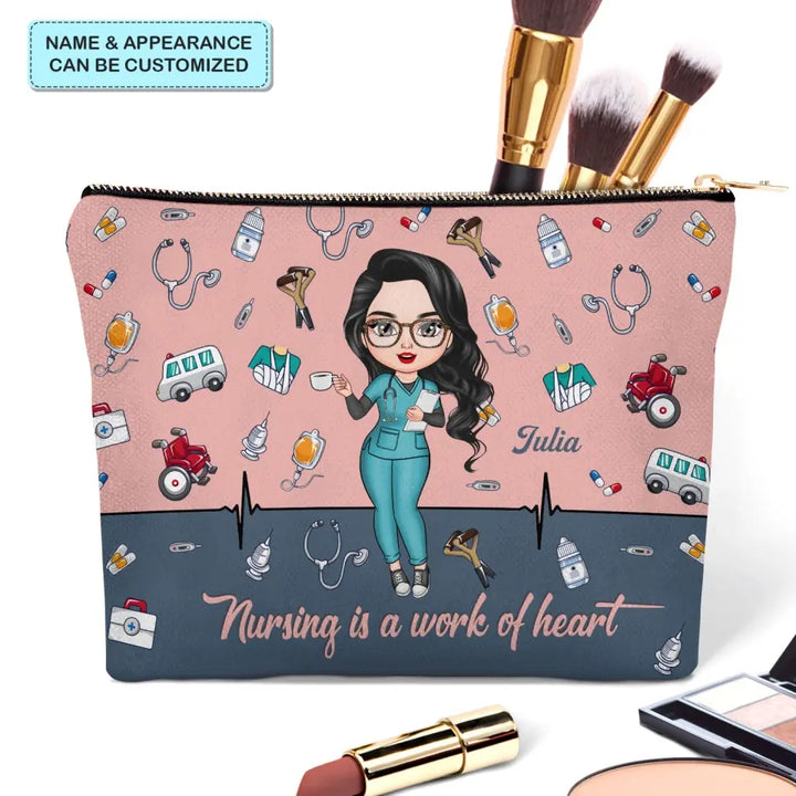 Nursing Is A Work Of Heart - Personalized Custom Canvas Makeup Bag - Nurse's Day, Appreciation Gift For Nurse