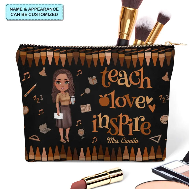 Teach Love Inspire - Personalized Custom Canvas Makeup Bag - Teacher's Day, Appreciation Gift For Teacher