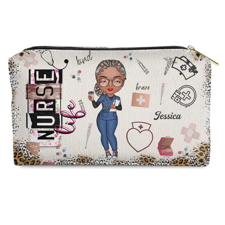 Nurse Life - Personalized Custom Leather Makeup Bag - Nurse's Day, Appreciation Gift For Nurse