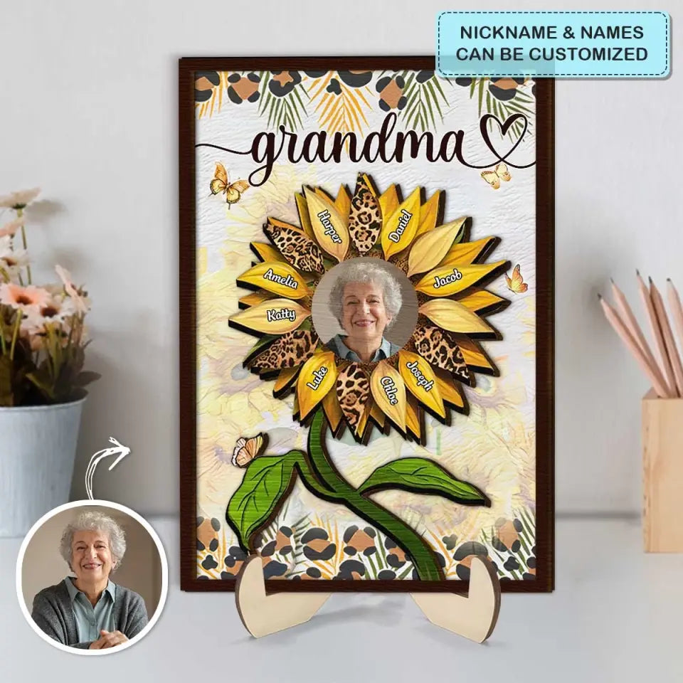 Grandma Sunflower - Personalized Custom 2-Layer Wooden Plaque - Mother's Day Gift For Grandma