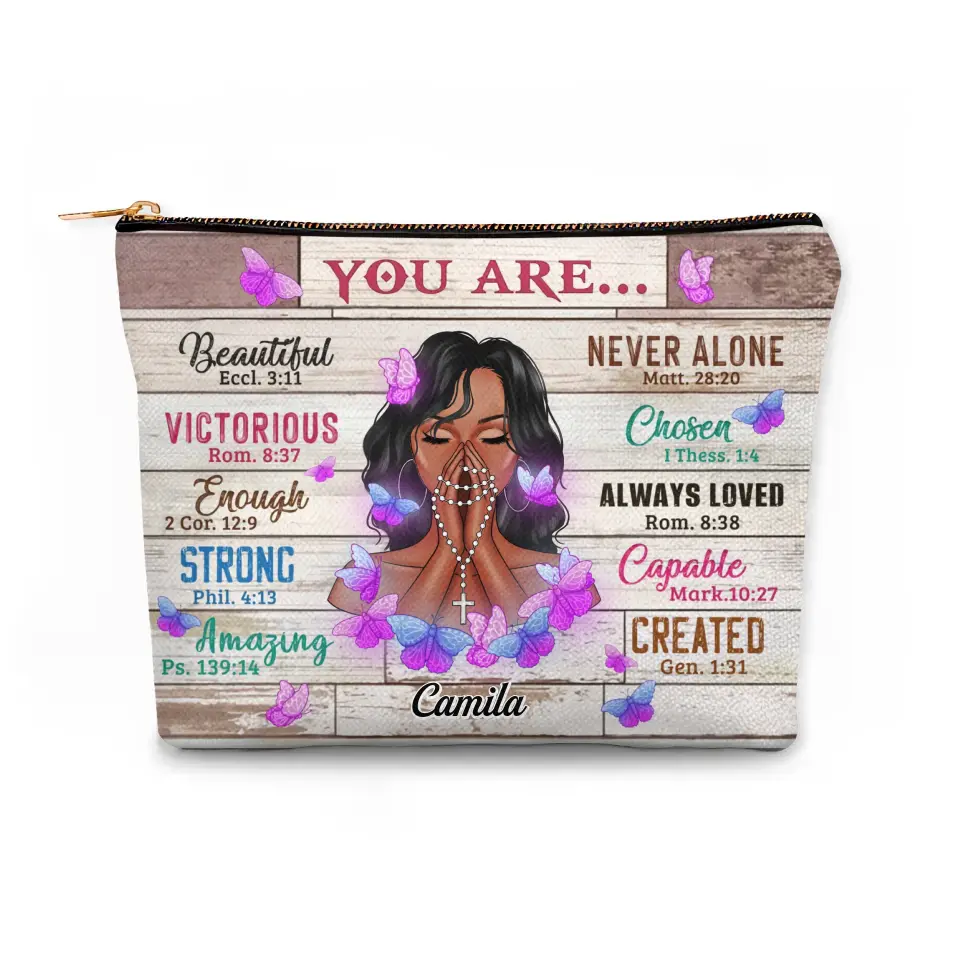 You are Beautiful Strong - Personalized Custom Canvas Makeup Bag - Appreciation Gift For Mom