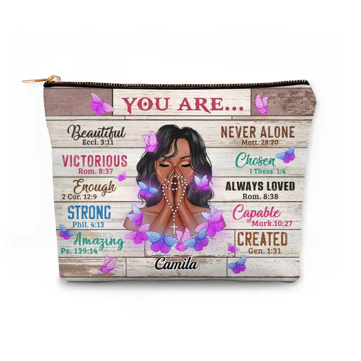 You are Beautiful Strong - Personalized Custom Canvas Makeup Bag - Appreciation Gift For Mom