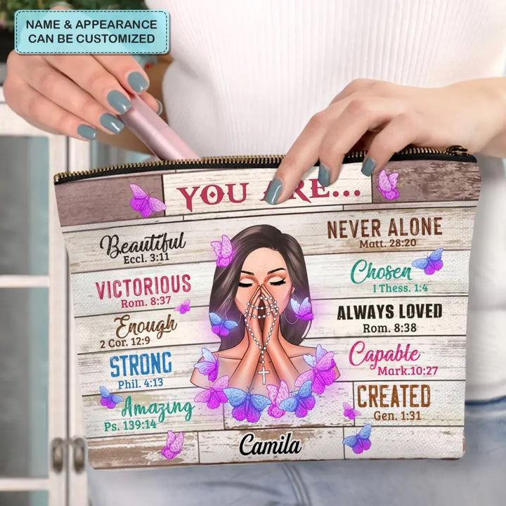 You are Beautiful Strong - Personalized Custom Canvas Makeup Bag - Appreciation Gift For Mom