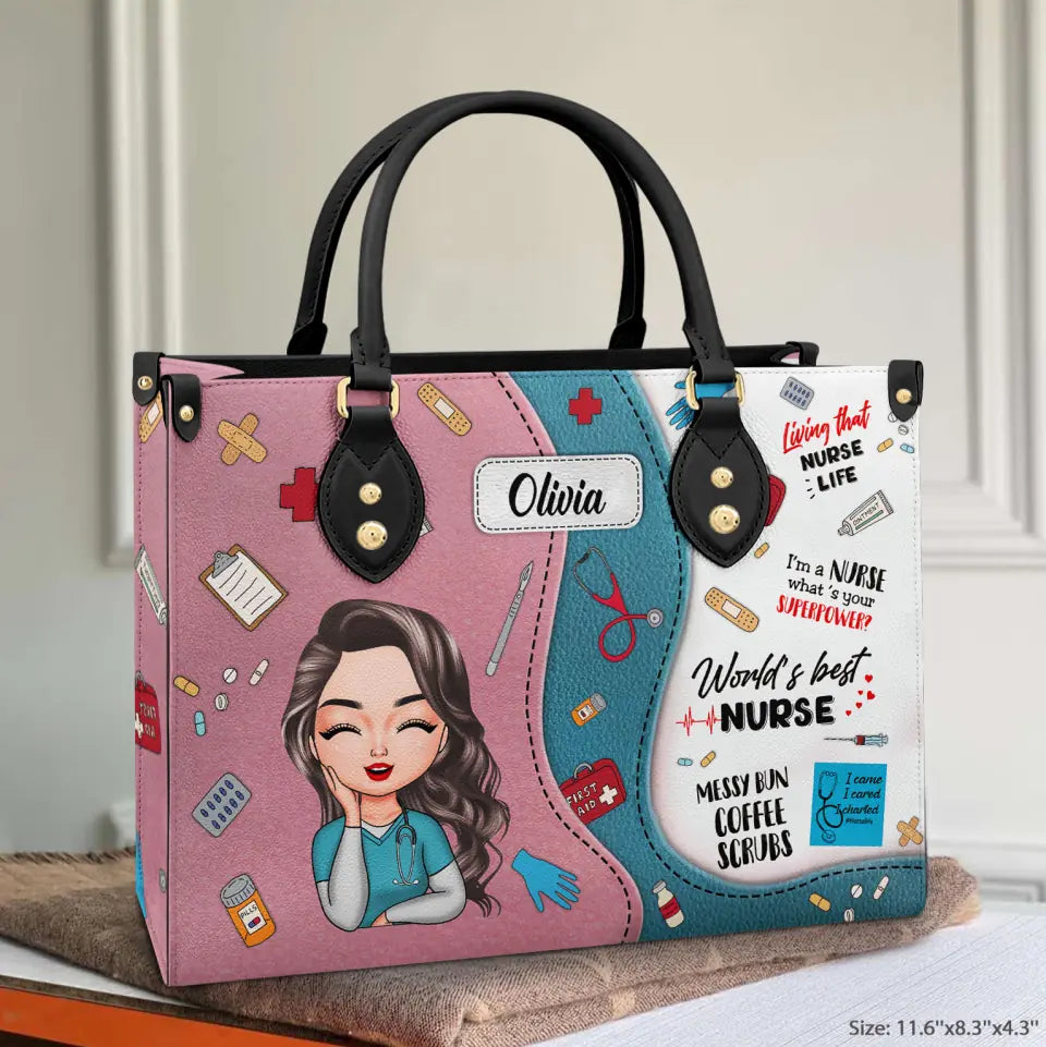 World's Best Nurse Pink - Personalized Custom Leather Bag - Nurse's Day, Appreciation Gift For Nurse