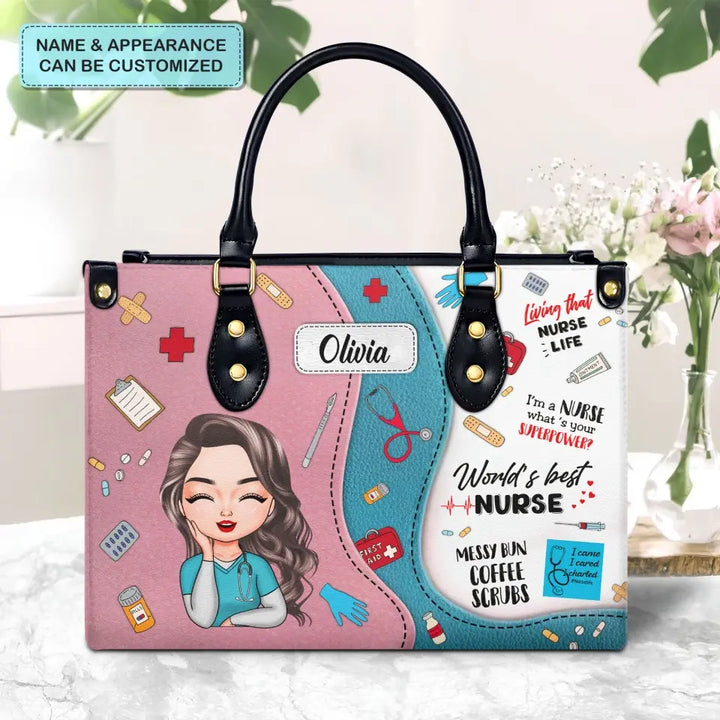 World's Best Nurse Pink - Personalized Custom Leather Bag - Nurse's Day, Appreciation Gift For Nurse