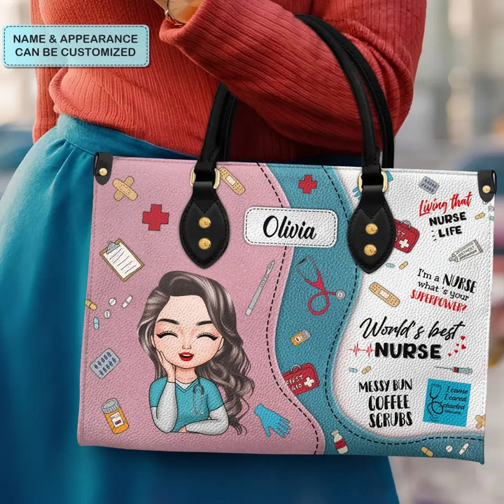 World's Best Nurse Pink - Personalized Custom Leather Bag - Nurse's Day, Appreciation Gift For Nurse
