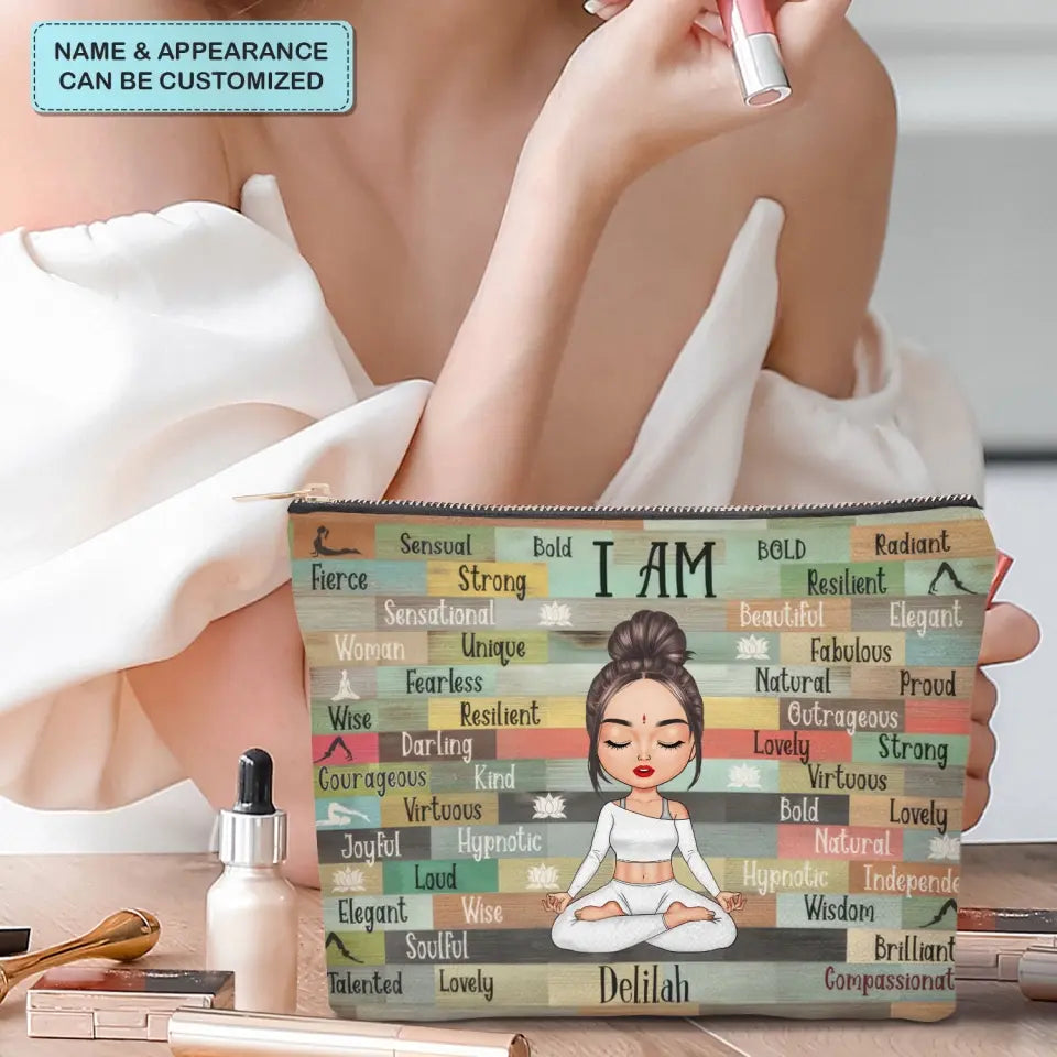 I Am Strong - Personalized Custom Canvas Makeup Bag - Gift For Yoga Lover