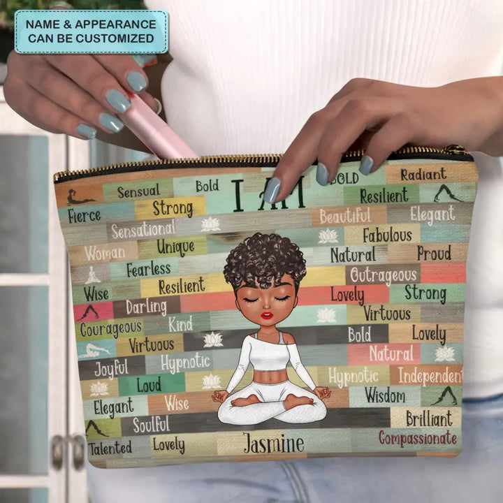 I Am Strong - Personalized Custom Canvas Makeup Bag - Gift For Yoga Lover