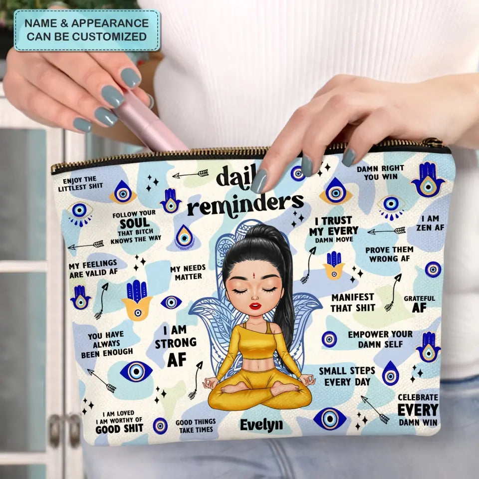 Daily Reminders - Personalized Custom Canvas Makeup Bag - Gift For Yoga Lover