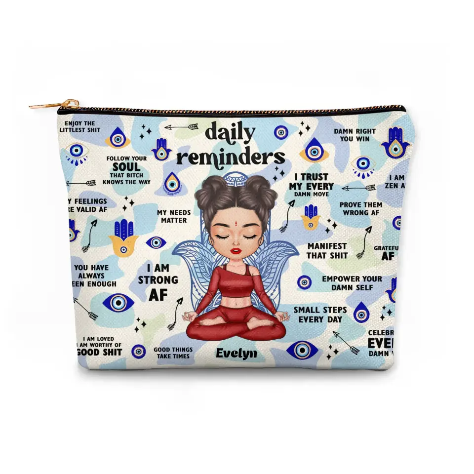 Daily Reminders - Personalized Custom Canvas Makeup Bag - Gift For Yoga Lover
