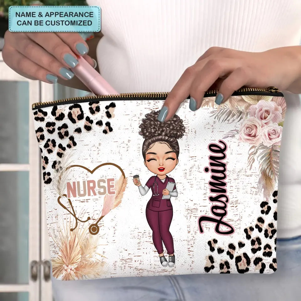 Floral Nurse Heart Stethoscope - Personalized Custom Canvas Makeup Bag - Nurse's Day, Appreciation Gift For Nurse