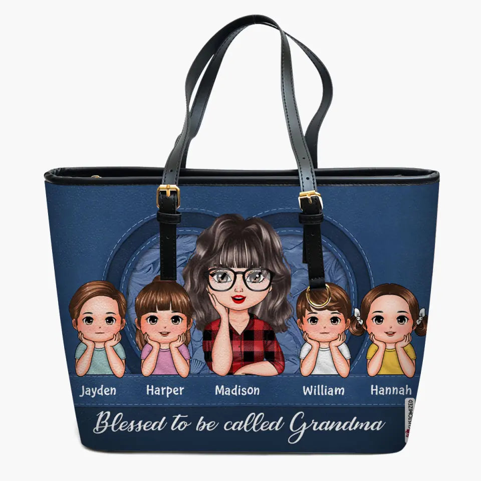 Blessed To Be Called Grandma - Personalized Leather Bucket Bag - Gift For Grandma, Mom
