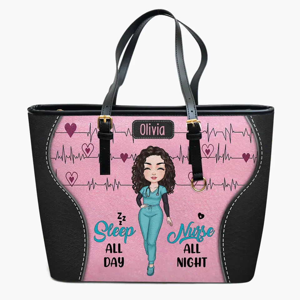 Sleep All Day Nurse All Night - Personalized Custom Leather Bucket Bag - Nurse's Day, Appreciation Gift For Nurse