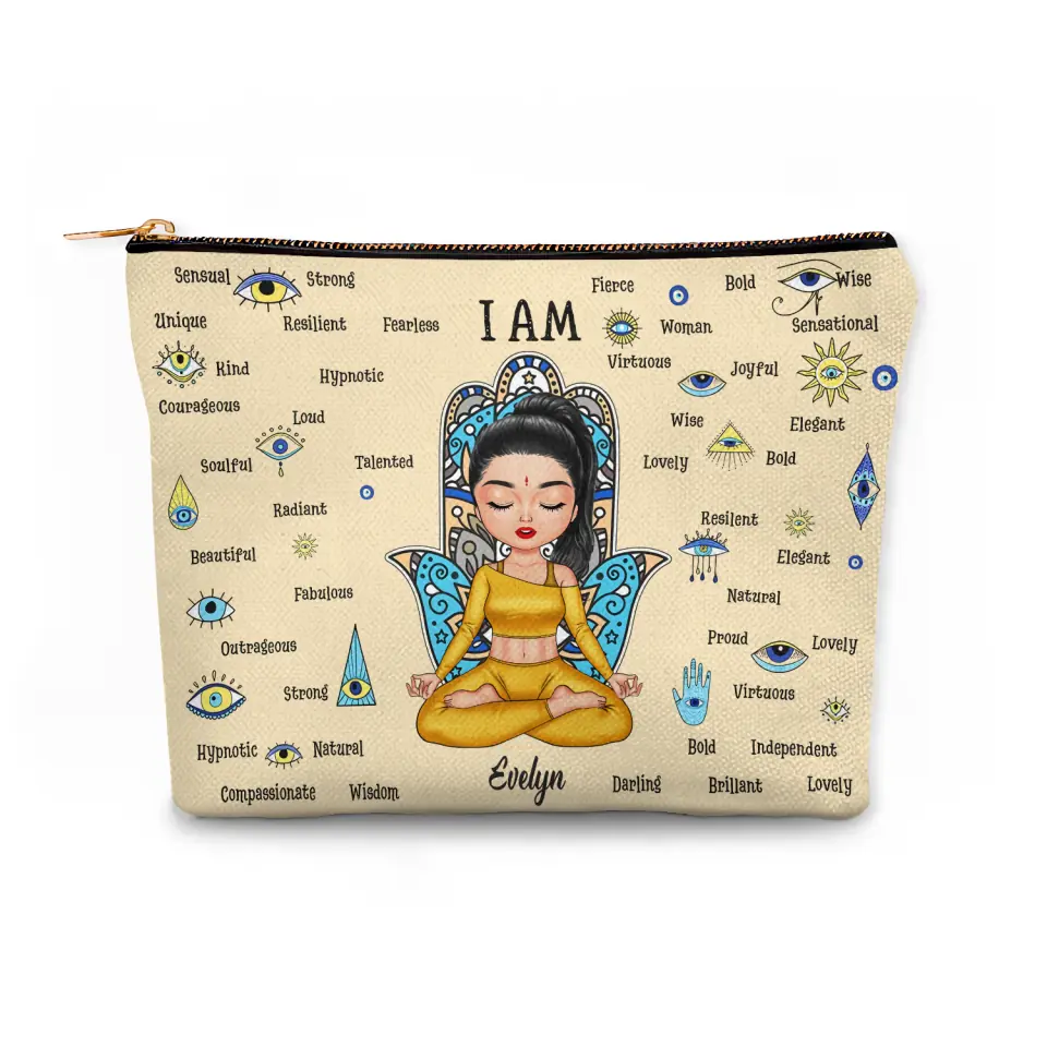 Evil Eyes I Am Women I Am Strong Bold - Personalized Custom Canvas Makeup Bag - Gift For Yoga Lovers