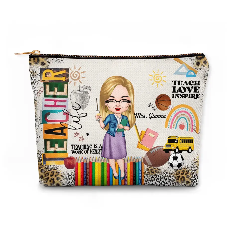 Teaching Is A Work Of Heart - Personalized Custom Canvas Makeup Bag - Teacher's Day, Appreciation Gift For Teacher