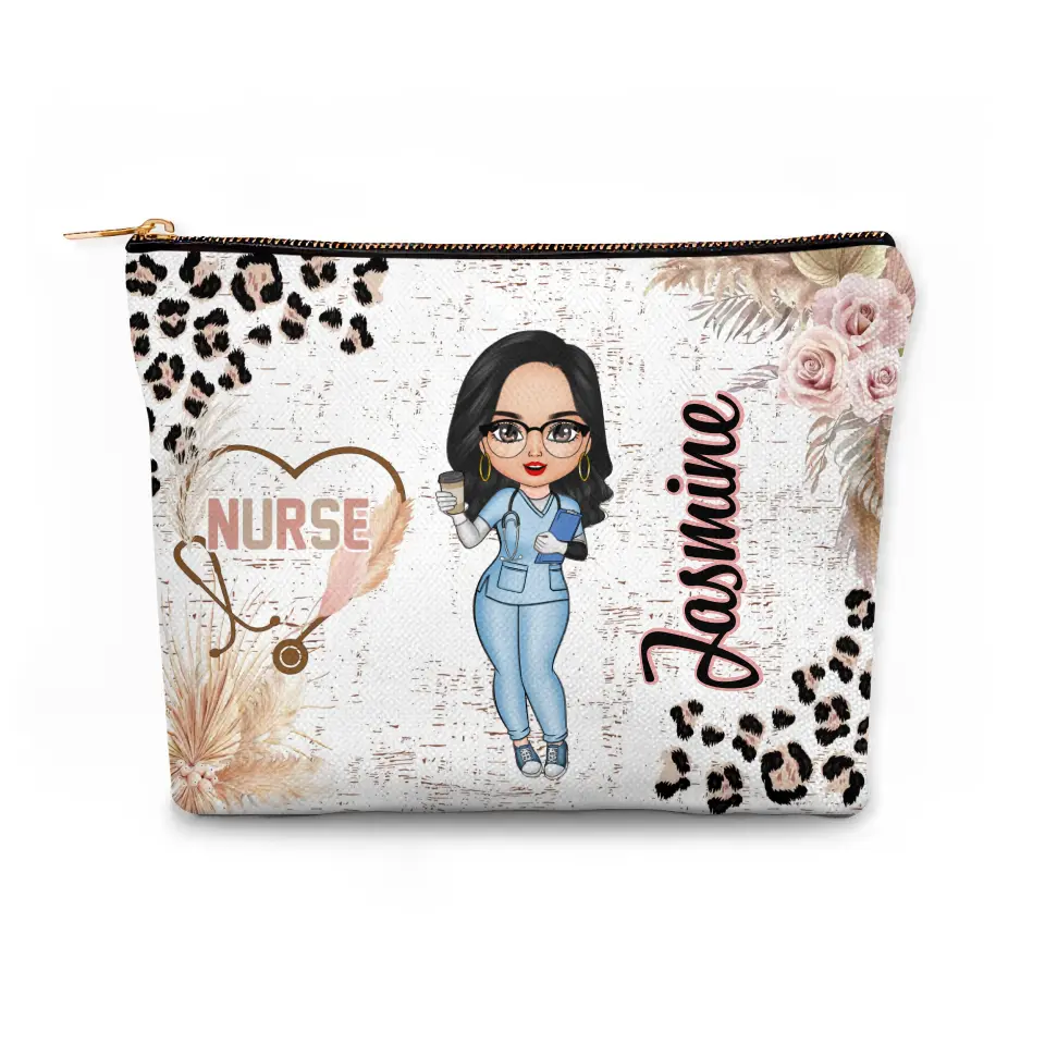 Floral Nurse Heart Stethoscope - Personalized Custom Canvas Makeup Bag - Nurse's Day, Appreciation Gift For Nurse