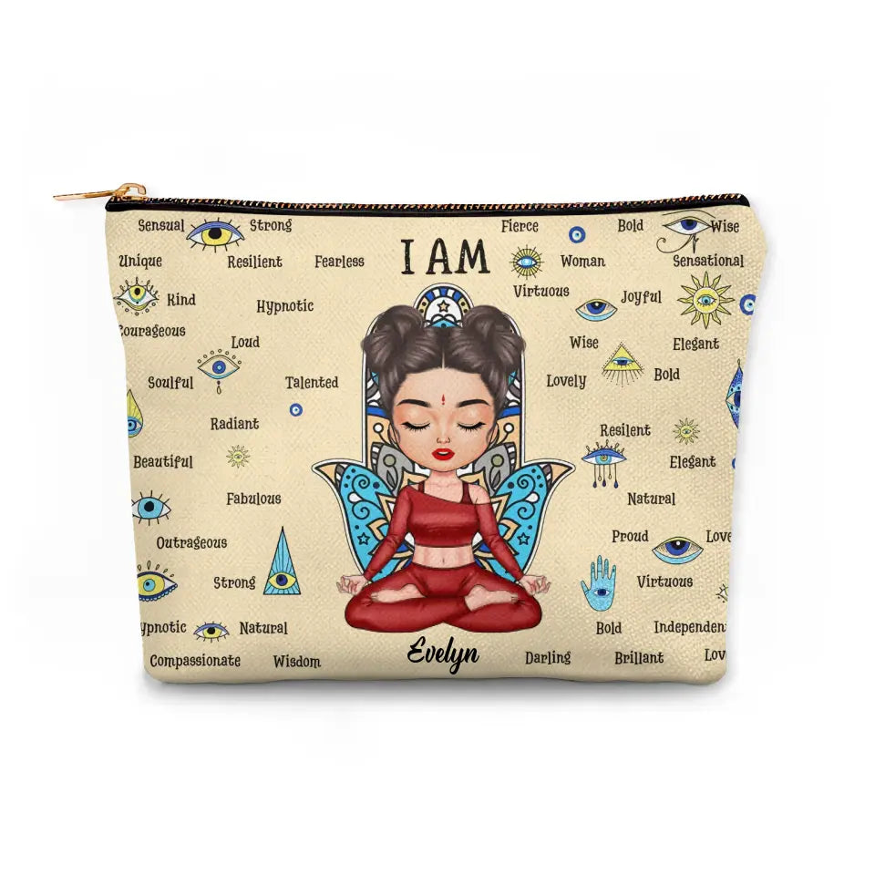 Evil Eyes I Am Women I Am Strong Bold - Personalized Custom Canvas Makeup Bag - Gift For Yoga Lovers