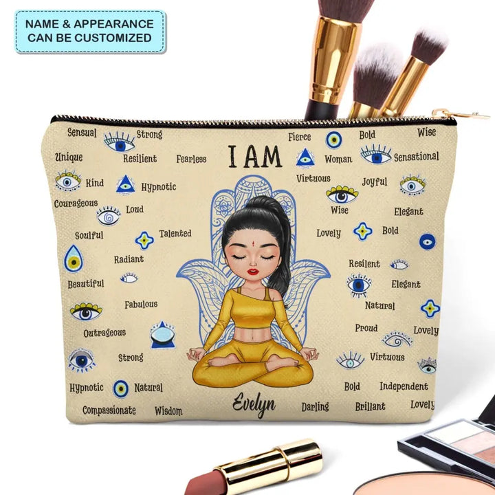 Evil Eyes I Am Women I Am Strong Bold - Personalized Custom Canvas Makeup Bag - Gift For Yoga Lovers