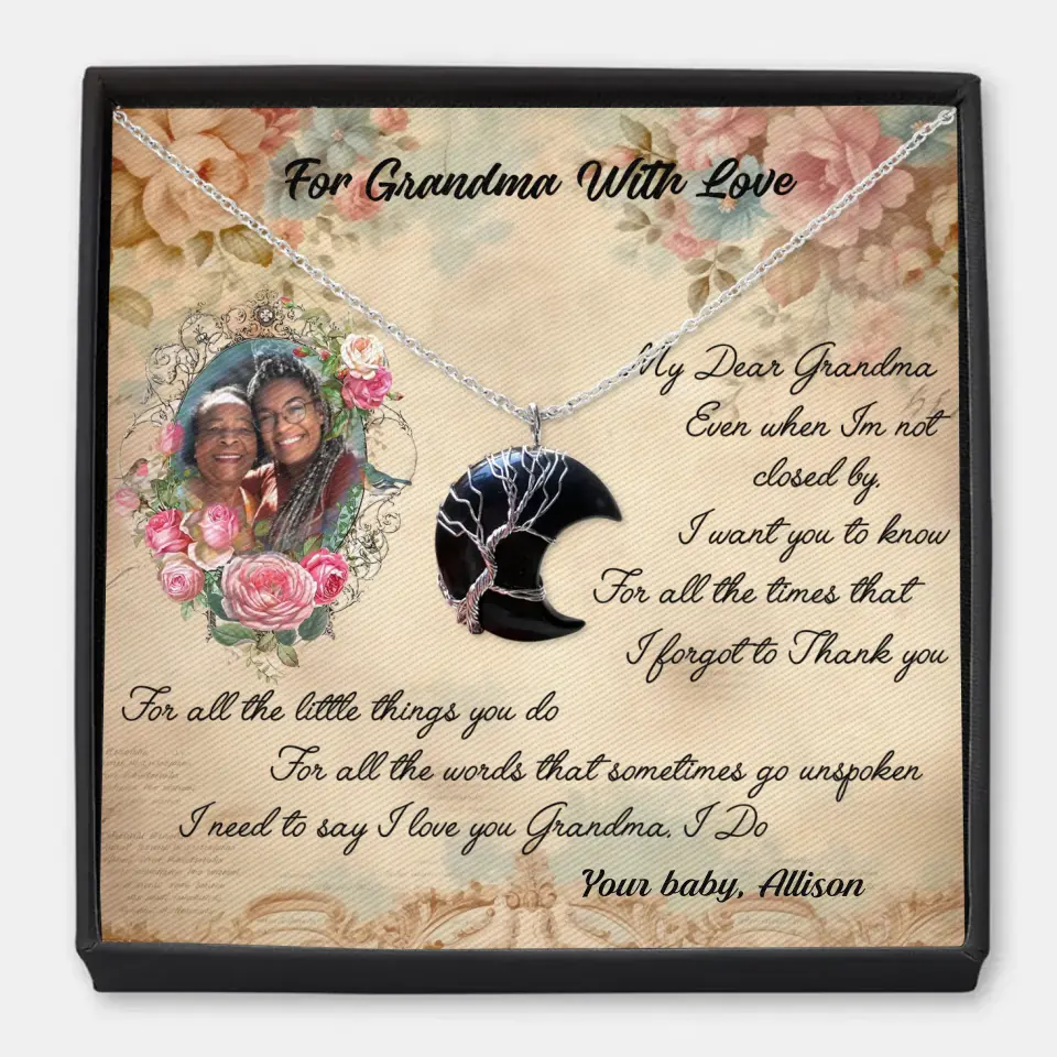 For Grandma With Love - Personalized Custom Moon Charm Message Card Necklace - Mother's Day Gift For Grandma