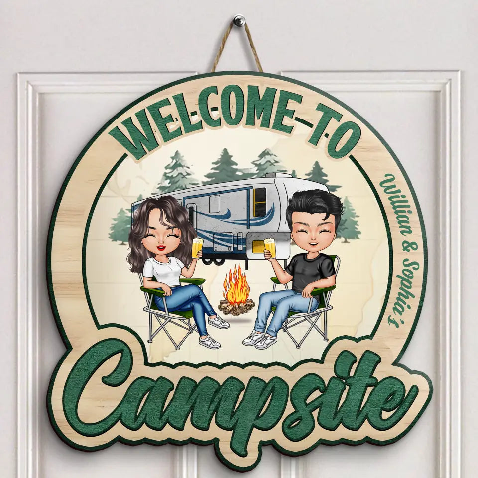 Welcome To Our Campsite - Personalized Custom Door Sign - Gift For Camping Lover, Camper, Couple