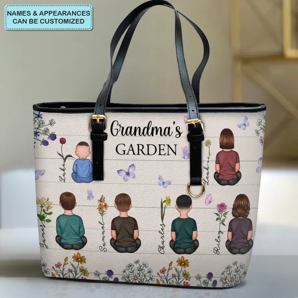 Grandma's Garden - Personalized Leather Bucket Bag - Gift For Grandma, Mom