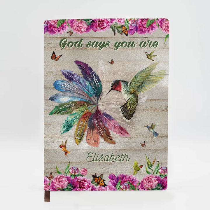 God Says You Are - Personalized Custom Leather Journal - Gift For Hummingbird Lover