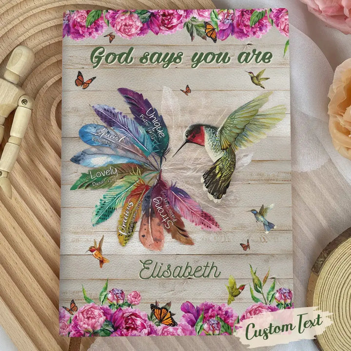 God Says You Are - Personalized Custom Leather Journal - Gift For Hummingbird Lover