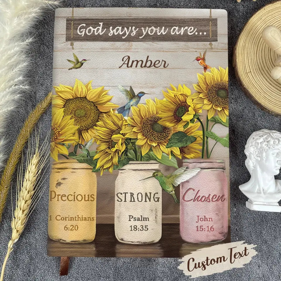 Sunflower God Says You Are - Personalized Custom Leather Journal - Christian Gift