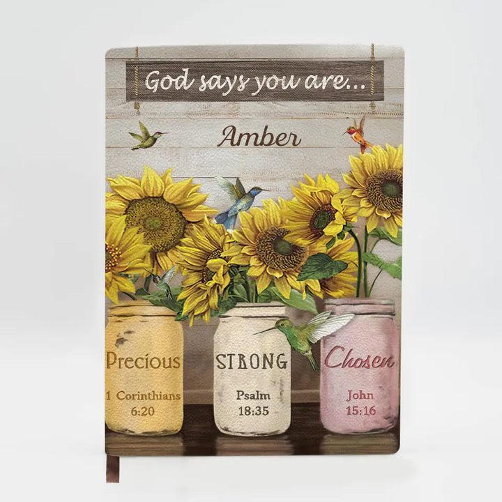 Sunflower God Says You Are - Personalized Custom Leather Journal - Christian Gift