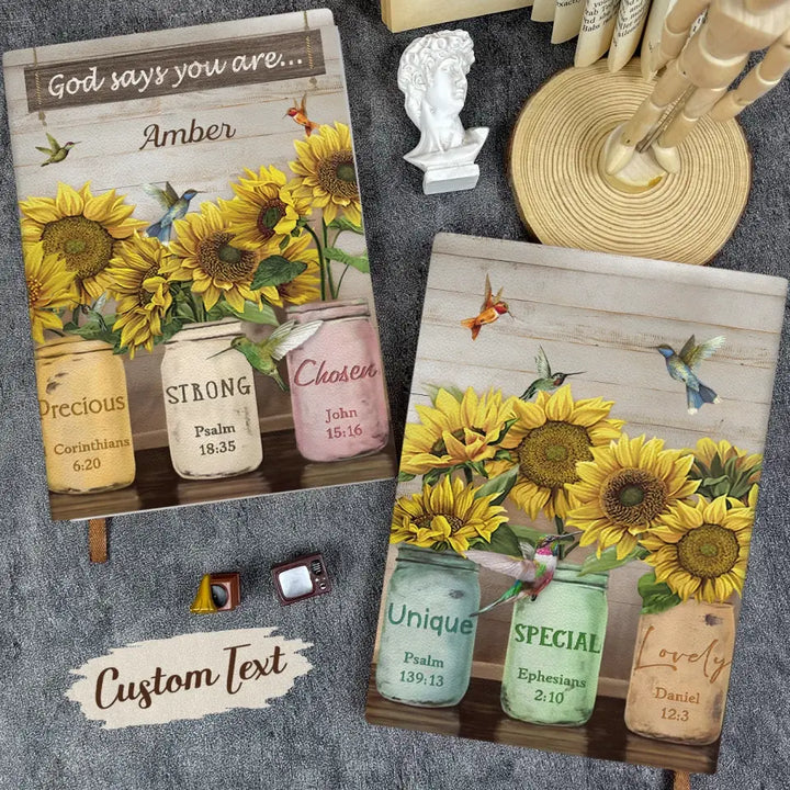 Sunflower God Says You Are - Personalized Custom Leather Journal - Christian Gift