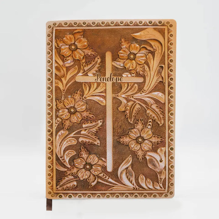 Faith Flower Cross - Personalized Custom Leather Journal - Christian Gift