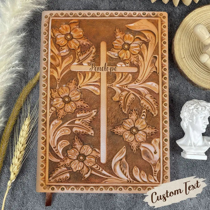 Faith Flower Cross - Personalized Custom Leather Journal - Christian Gift